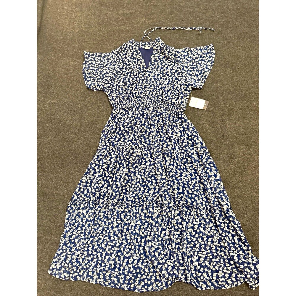 Melrose and Market Floral Dress Blue White A-Line V-Neck Short Sleeve Long 2XL